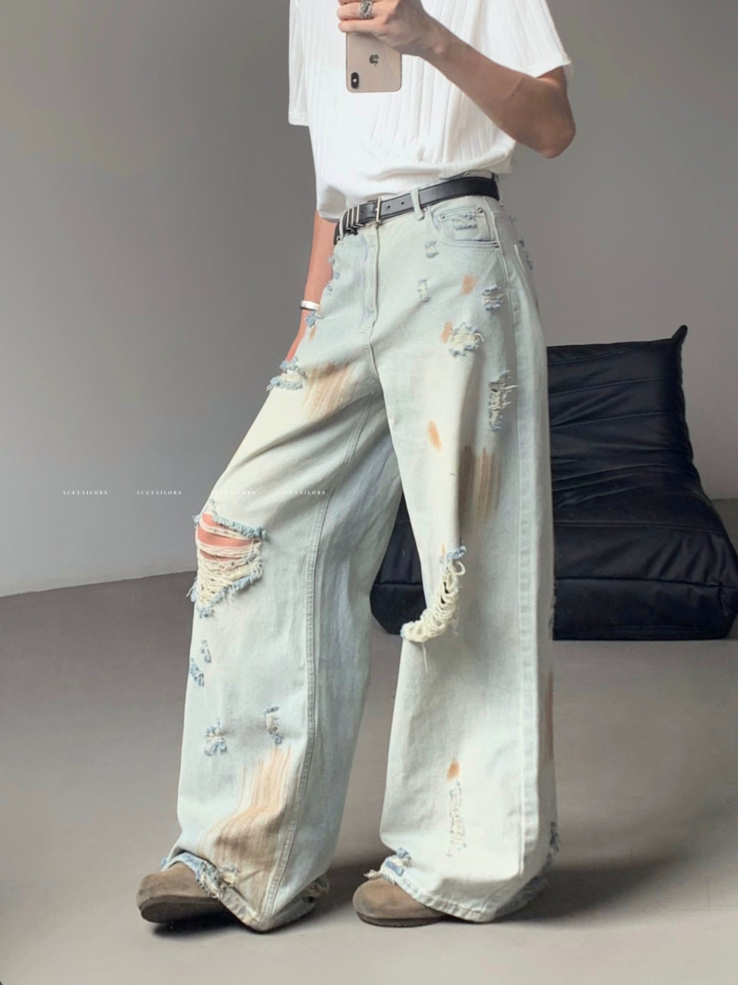 Washed Paint Damage High Waist Wide Leg Denim Jeans WN20088