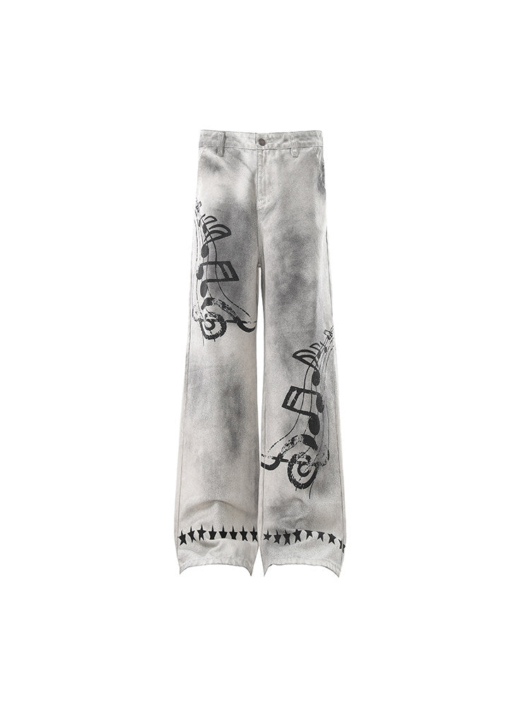 Washed Dirty Print Damage Wide Leg Denim Jeans WN24205