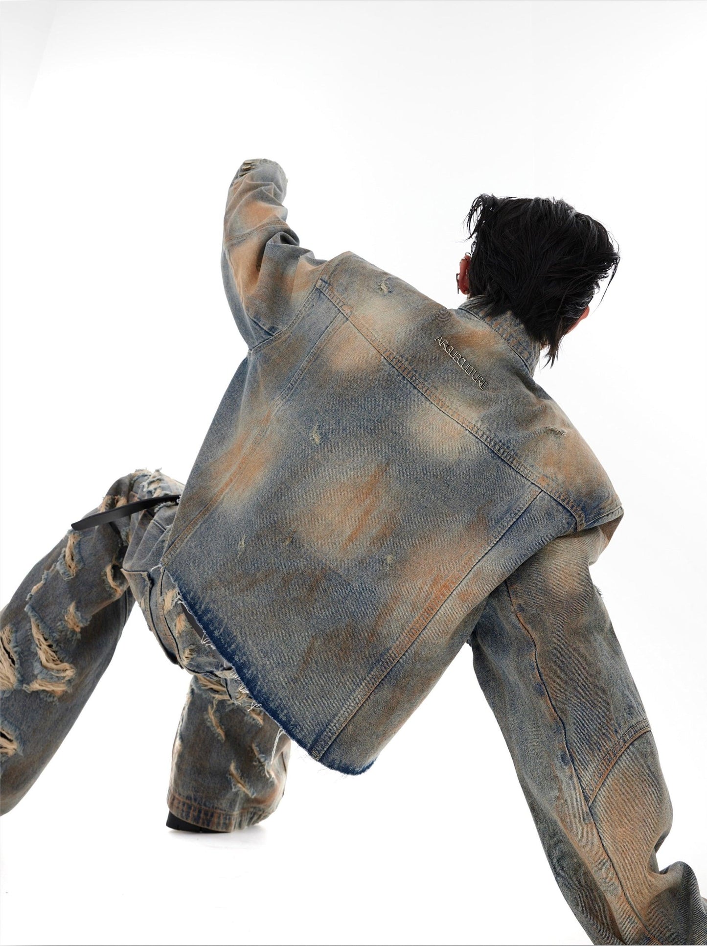 Oversize Raw-edge Standing-collar Denim Jacket & Wide-leg Damage Denim Jeans Setup WN2061