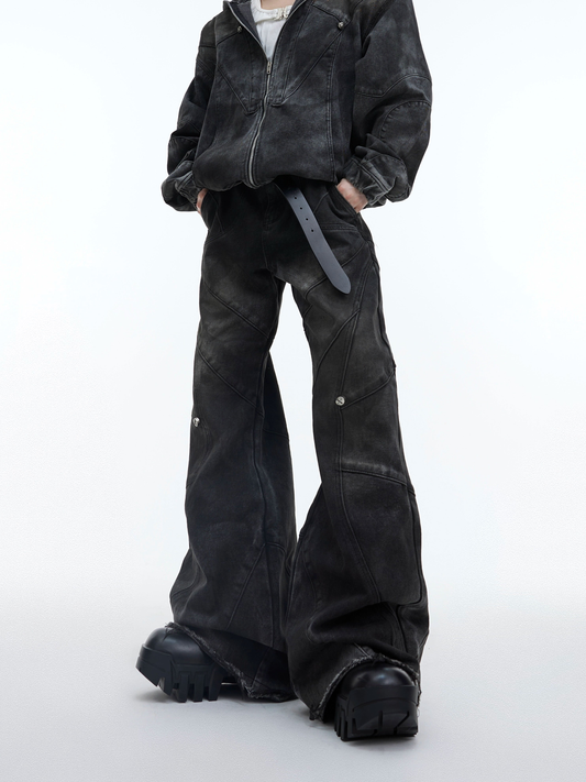 Oversize Shoulder-pad Hooded Denim Jacket & Deconstructed Denim Jeans Setup WN3105