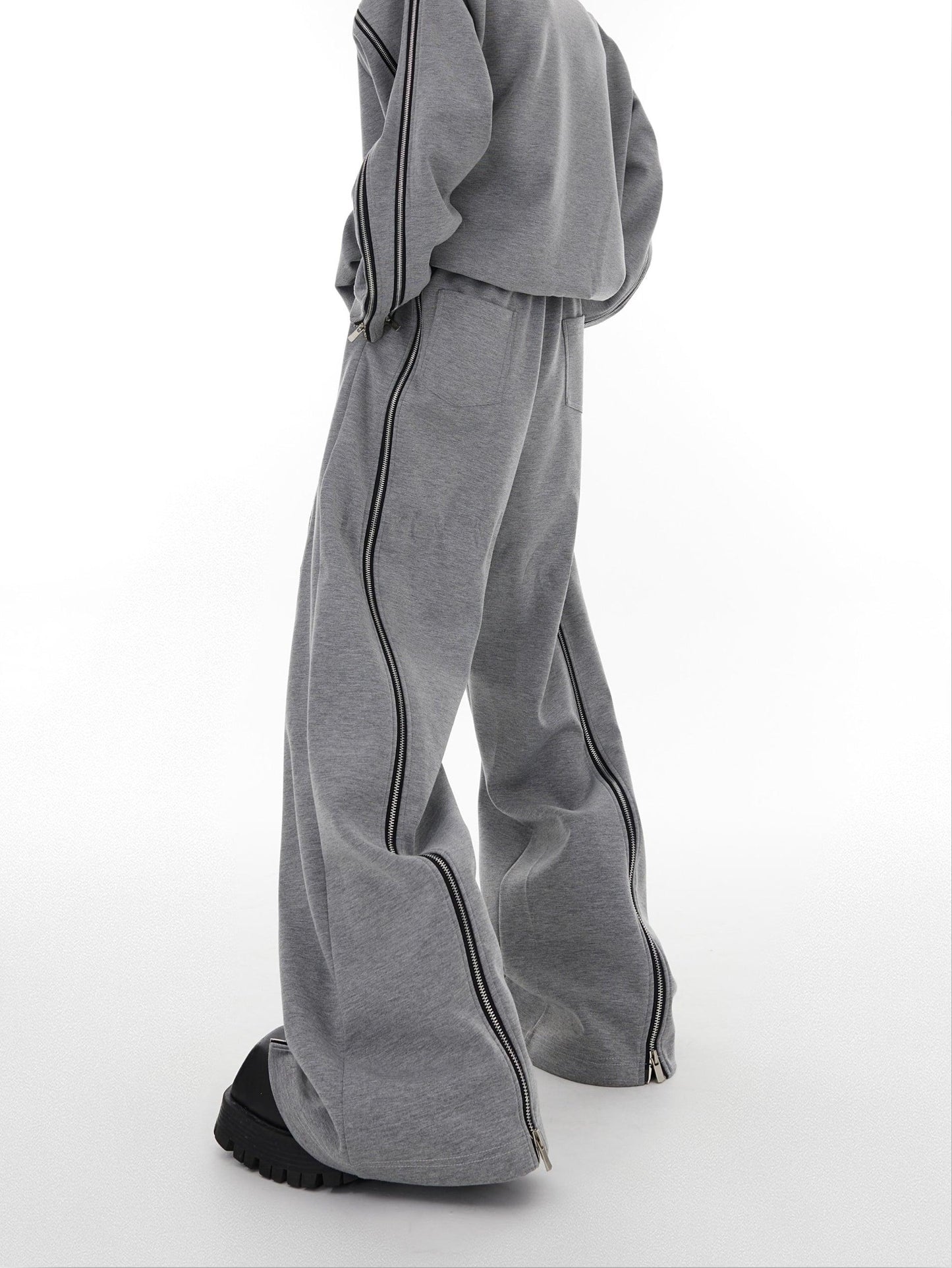 Oversize Zipper Shoulder-pads Sweatshirt & Wide-leg Zipper Sweatpants Setup WN2062