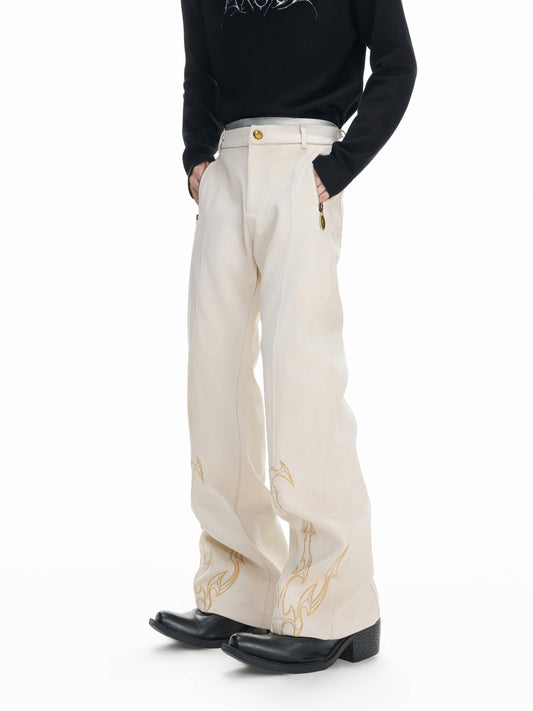 Thorn Bone Totem Embroidery Metal Zipper Flare Pants WN23315