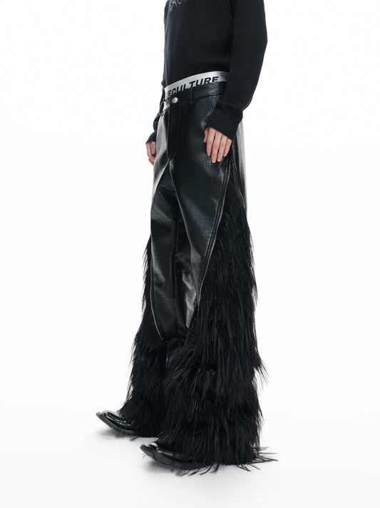 Fake Wolf Fur Patchwork Crocodile Texture Metal Zipper Straight PU Leather Pants WN23316