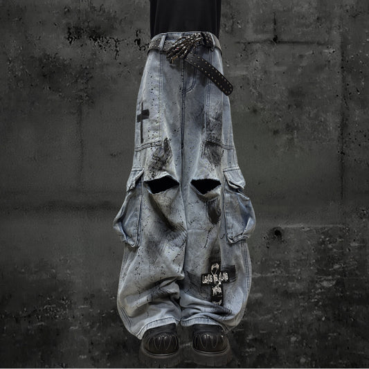 Damage Paint Cargo Wide Leg Denim Jeans & Skull Belt & Belt Chain WN23788