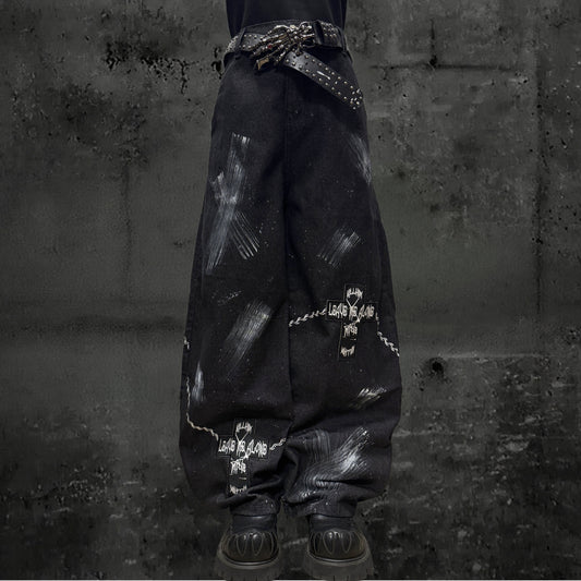 Paint Print Wide Leg Denim Jeans & Bandana Waist Panel & Skull Belt & Belt Chain WN23793