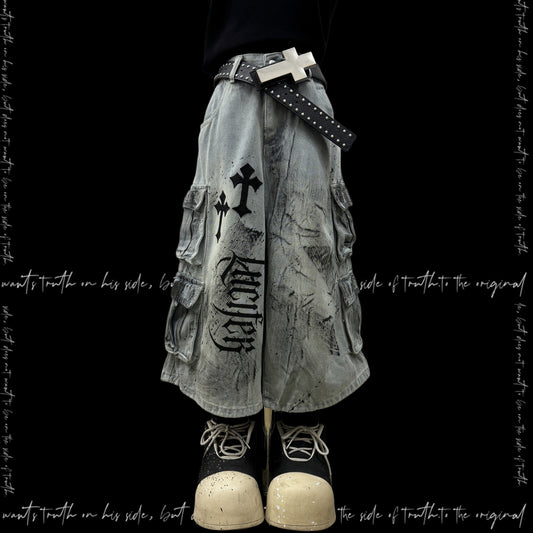 Cross Print Cargo Wide Leg Cropped Denim Jeans & Skull Belt & Cross Belt & Belt Chain WN23794