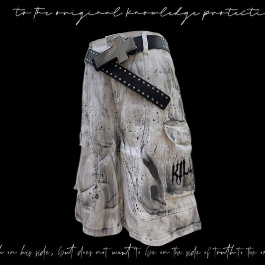 Paint Pocket Denim Cargo Denim Half Jeans & Skull Belt & Cross Belt & Belt Chain WN23797