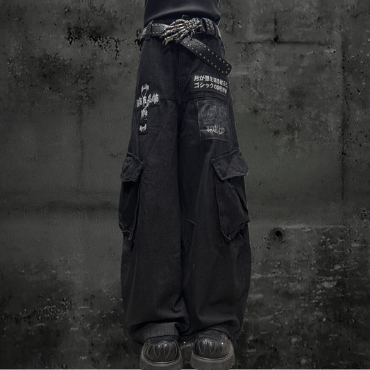 Patch Logo Cargo Wide Leg Denim Jeans & Skull Belt & Belt Chain WN23800