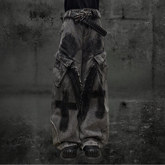 Paint Damage Cargo Wide Leg Denim Jeans & Skull Belt & Belt Chain WN23824