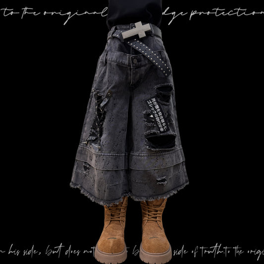 Damage Cutout Raw Hem Wide Leg Denim Jeans & Skull Belt & Cross Belt & Belt Chain WN23828