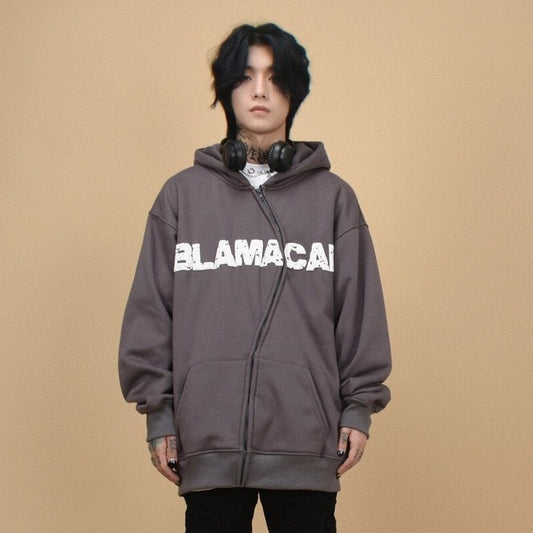 Asymmetrical Zipper Graphic Print Fleece-Lined Oversize Hoodie WN24407