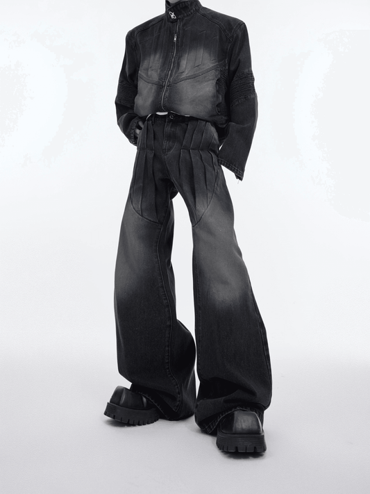 Washed Standing-collar Denim Jacket & Wide-leg Denim Jeans Setup WN3996