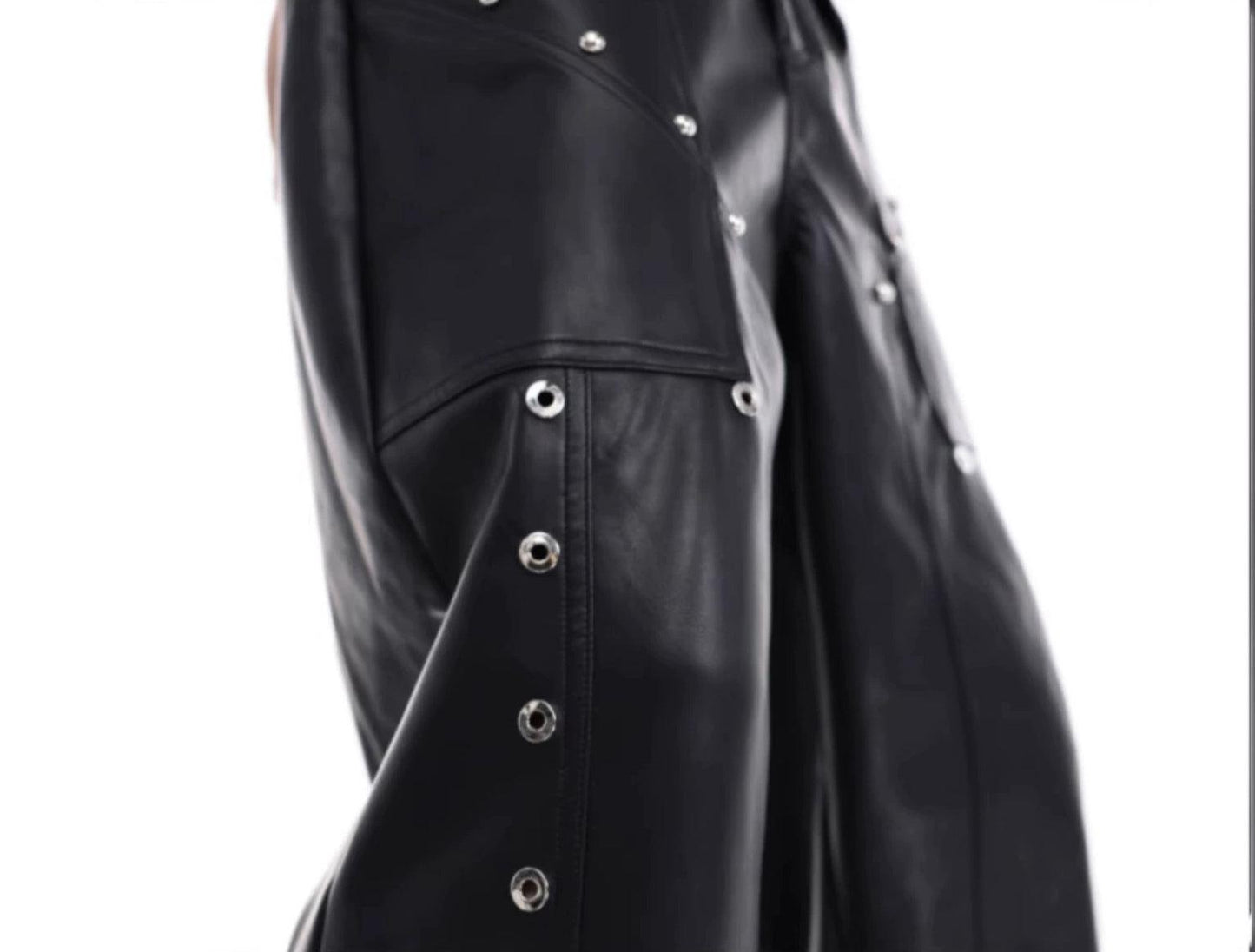 Wide-leg Metal Rivets PU Leather Trousers WN2042