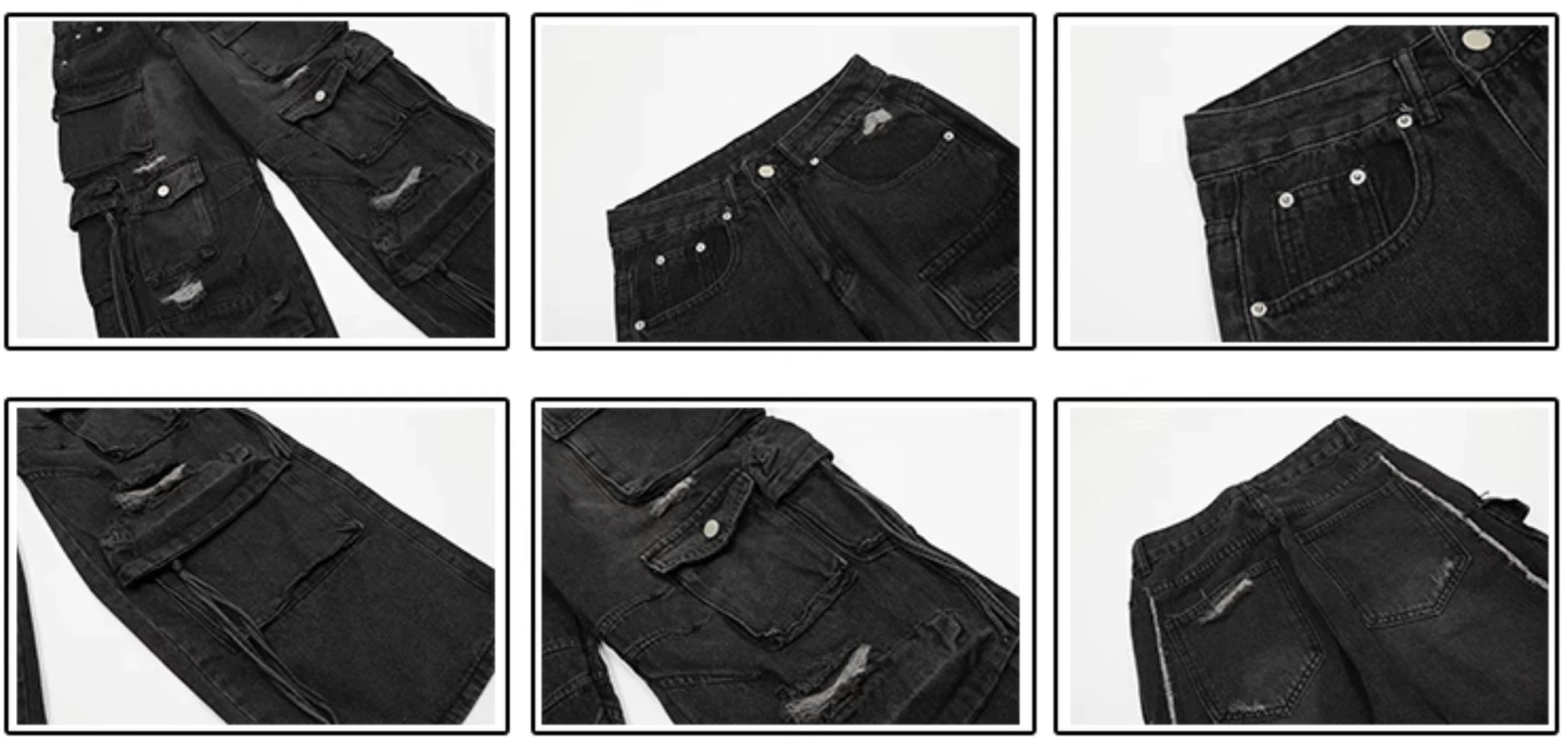 Wide-leg Multi-pocket Damage Denim Jeans WN3244