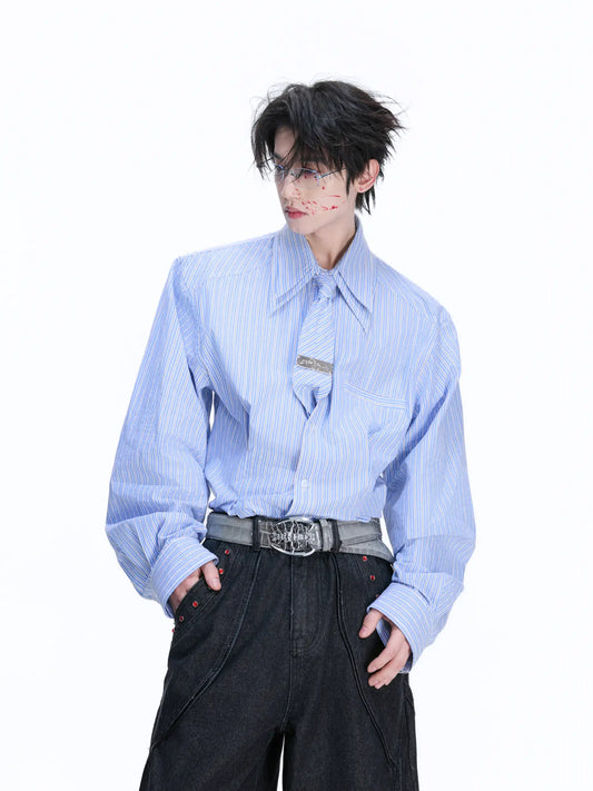 Striped Shoulder-pad Double Tie Design Oversize Shirt WN22678