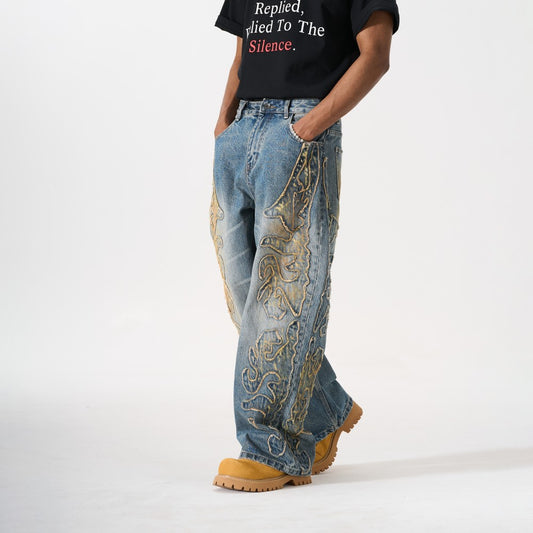 Frayed Applique Embroidery Washed Wide Leg Denim Jeans WN27833