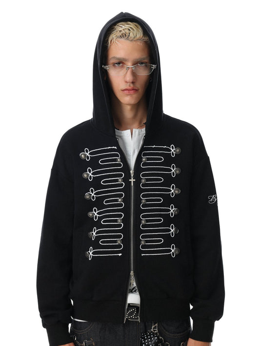 Knot Embroidery Metal Stud Cross Zipper Hoodie WN27796