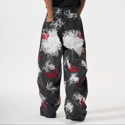 Washed Graphic Print Wide Leg Denim Jeans WN27794