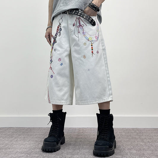 3D Chain Print Wide Leg Half Denim Jeans WN24263