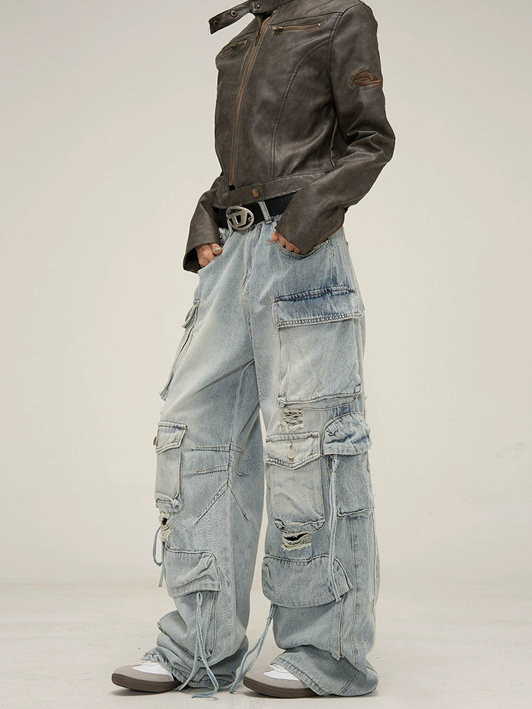 Wide-leg Damage Cargo Denim Jeans WN4840