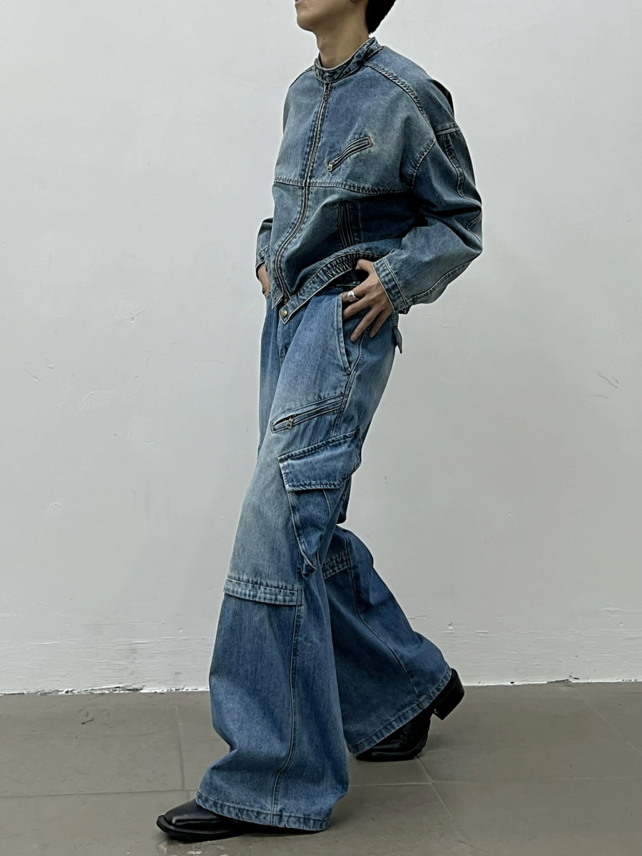 Standing-collar Short Denim Jacket & Wide-leg Cargo Denim Jeans Setup WN5026