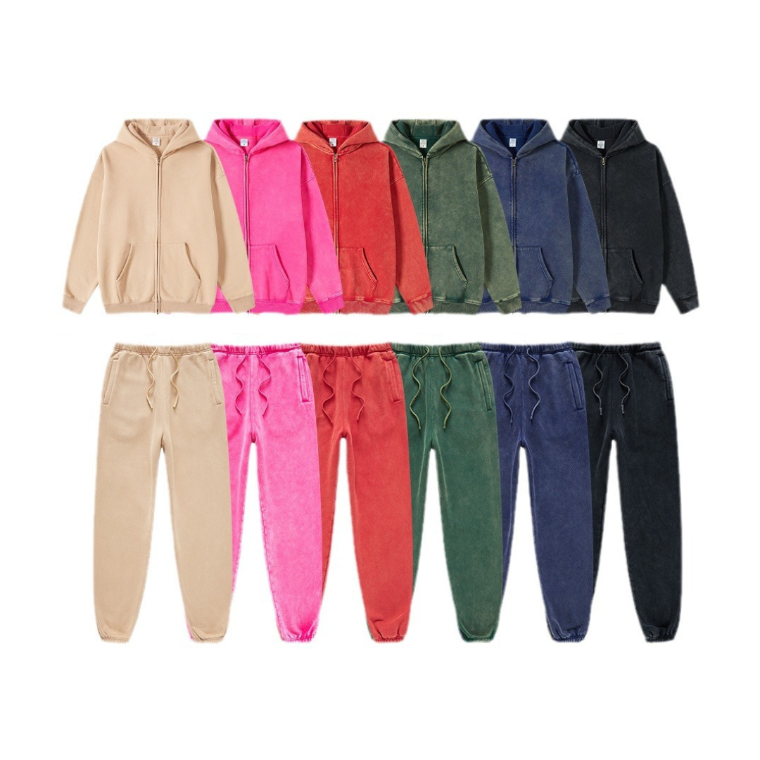 Oversize Fleece Lining Washed Zipper Hoodie & Pullover Hoodie & Pants Setup WN9925