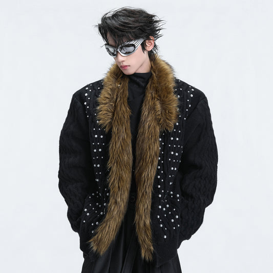 Fake Fur Collar Fleece Lining Pearl Beads Knit Cardigan WN22591