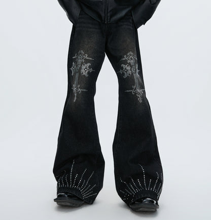 Wash Rhinestone Flare Denim Jeans WN22607