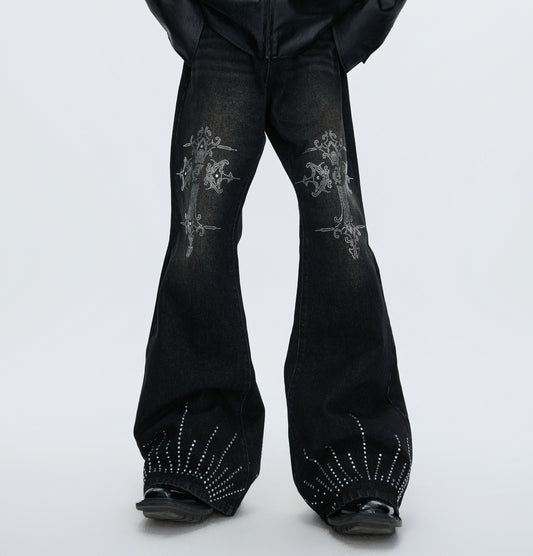 Wash Rhinestone Flare Denim Jeans WN22607