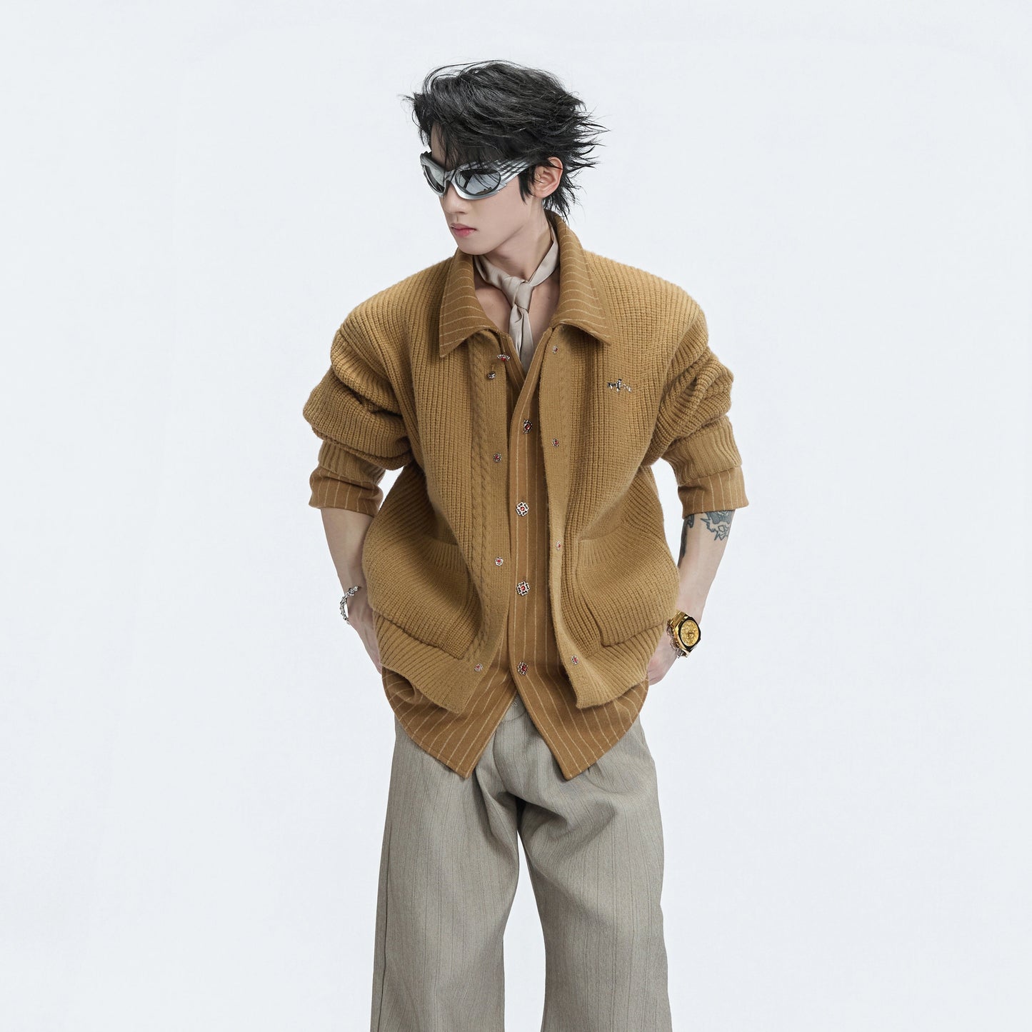 Fake Layered Stripe Button Knit Cardigan WN22589