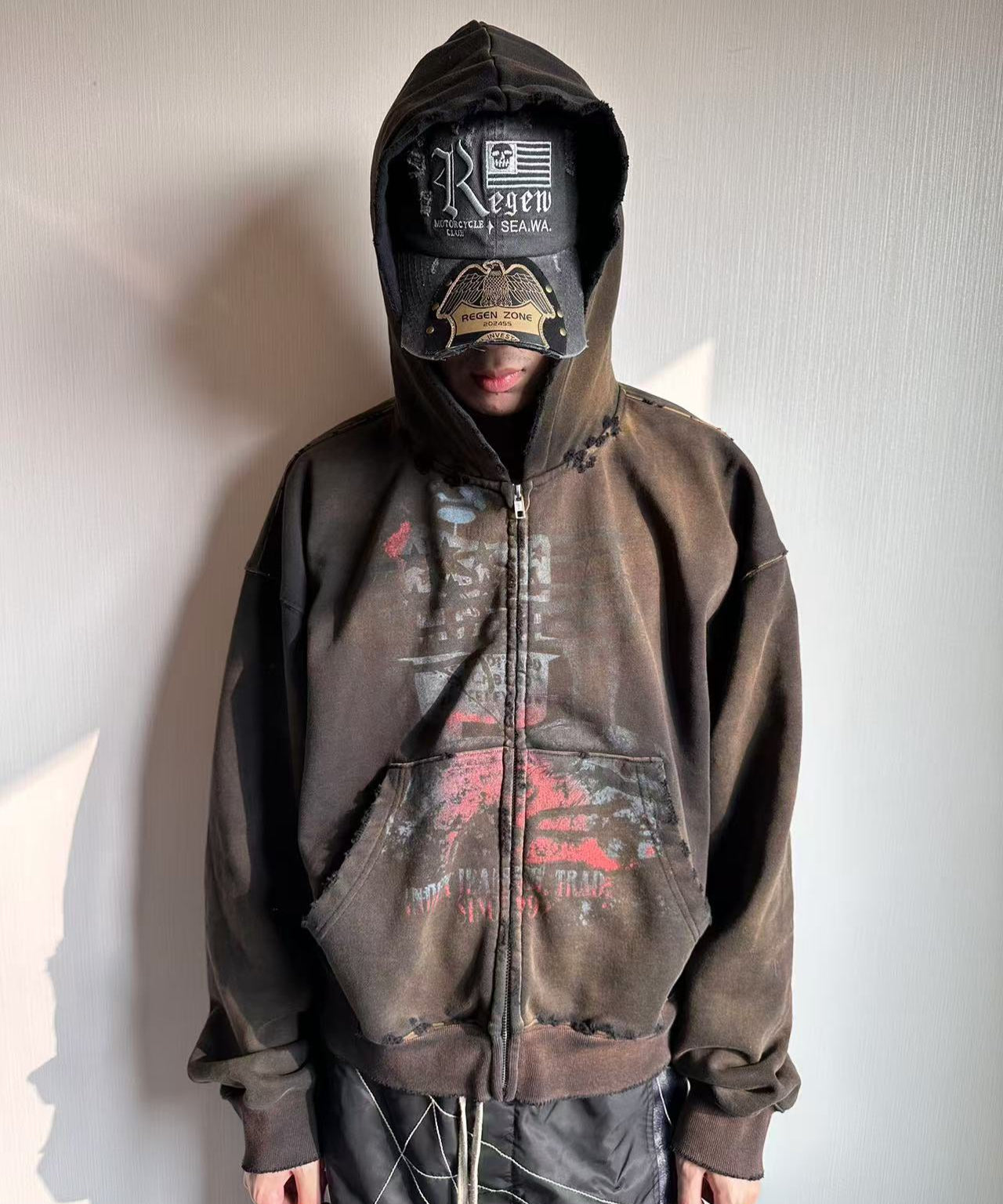 Damage Print Oversize Zipper Hoodie WN19718