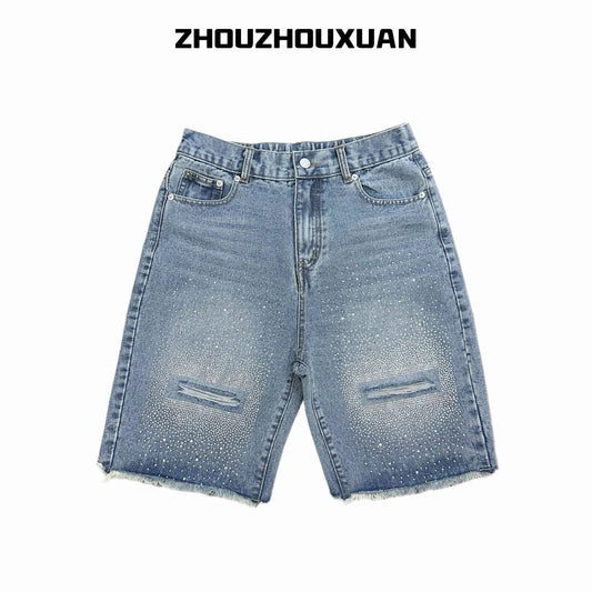 Rhinestone Damage Denim Half Jeans WN20699
