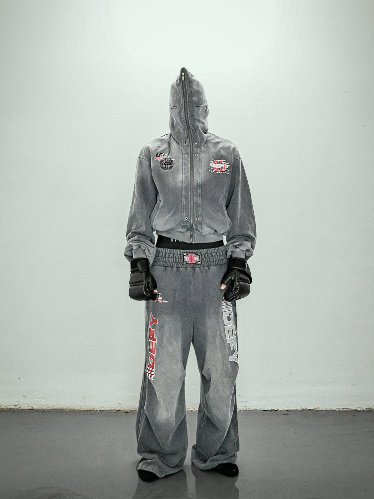 Graphic Print Zipper Hoodie & Washed Eyelet Pants Setup WN20837
