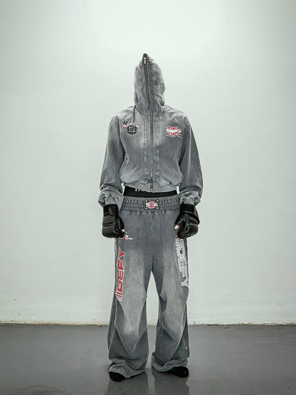 Graphic Print Zipper Hoodie & Washed Eyelet Pants Setup WN20837