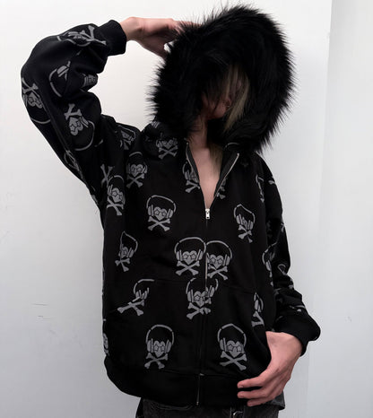Headphone Skull Print Fake Fur Collar Zipper Hoodie WN20919