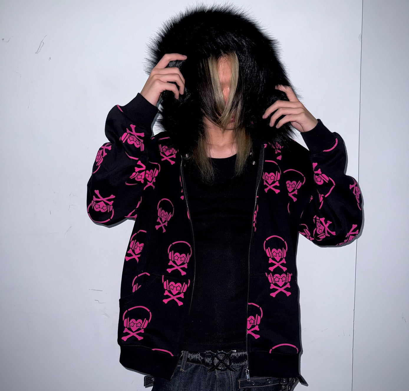 Headphone Skull Print Fake Fur Collar Zipper Hoodie WN20919