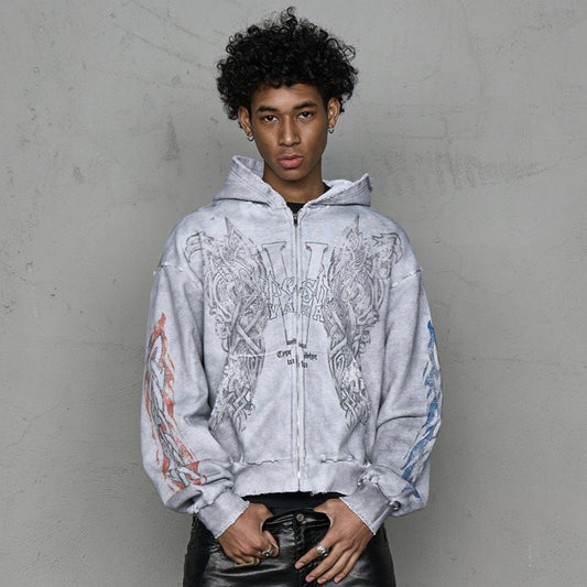 Washed Damage Art Print Zipper Hoodie WN20975