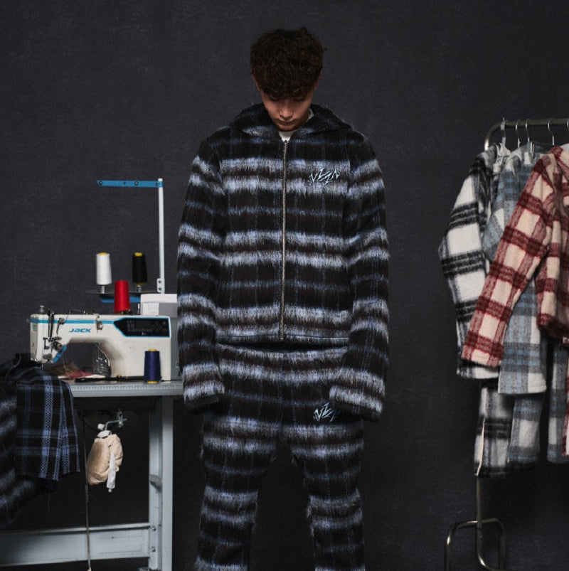 Mohair Jacquard Hooded Knit Jacket & Knit Pants Setup WN20981