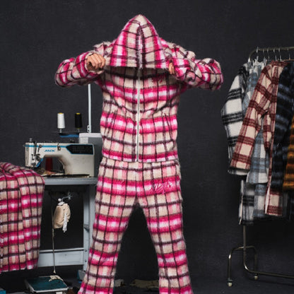 Mohair Jacquard Hooded Knit Jacket & Knit Pants Setup WN20981