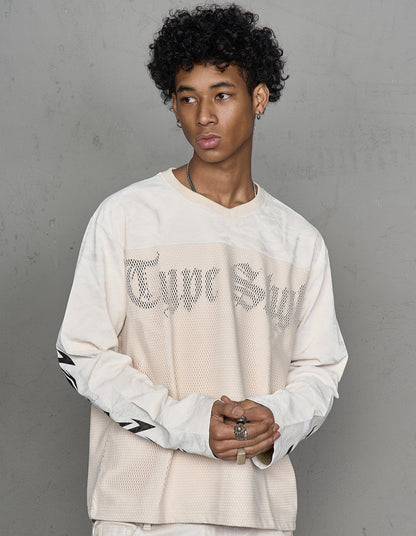 Velvet Texture Mesh Hollow Print Long Sleeve T-Shirt WN20988