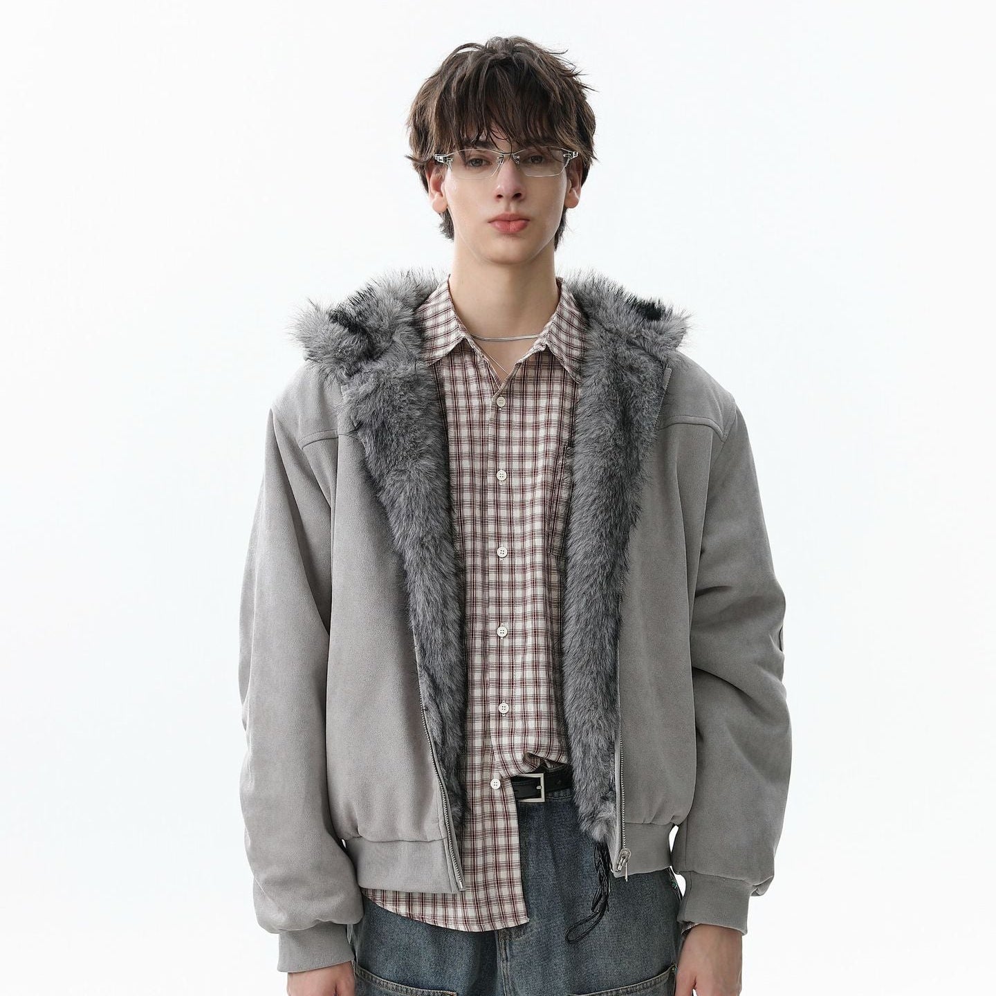 Reversible Fake Fur Collar Fleece Lining Hooded Zipper Jacket WN21863