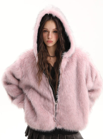 Reversible Fake Fur Collar Fleece Lining Hooded Zipper Jacket WN21863