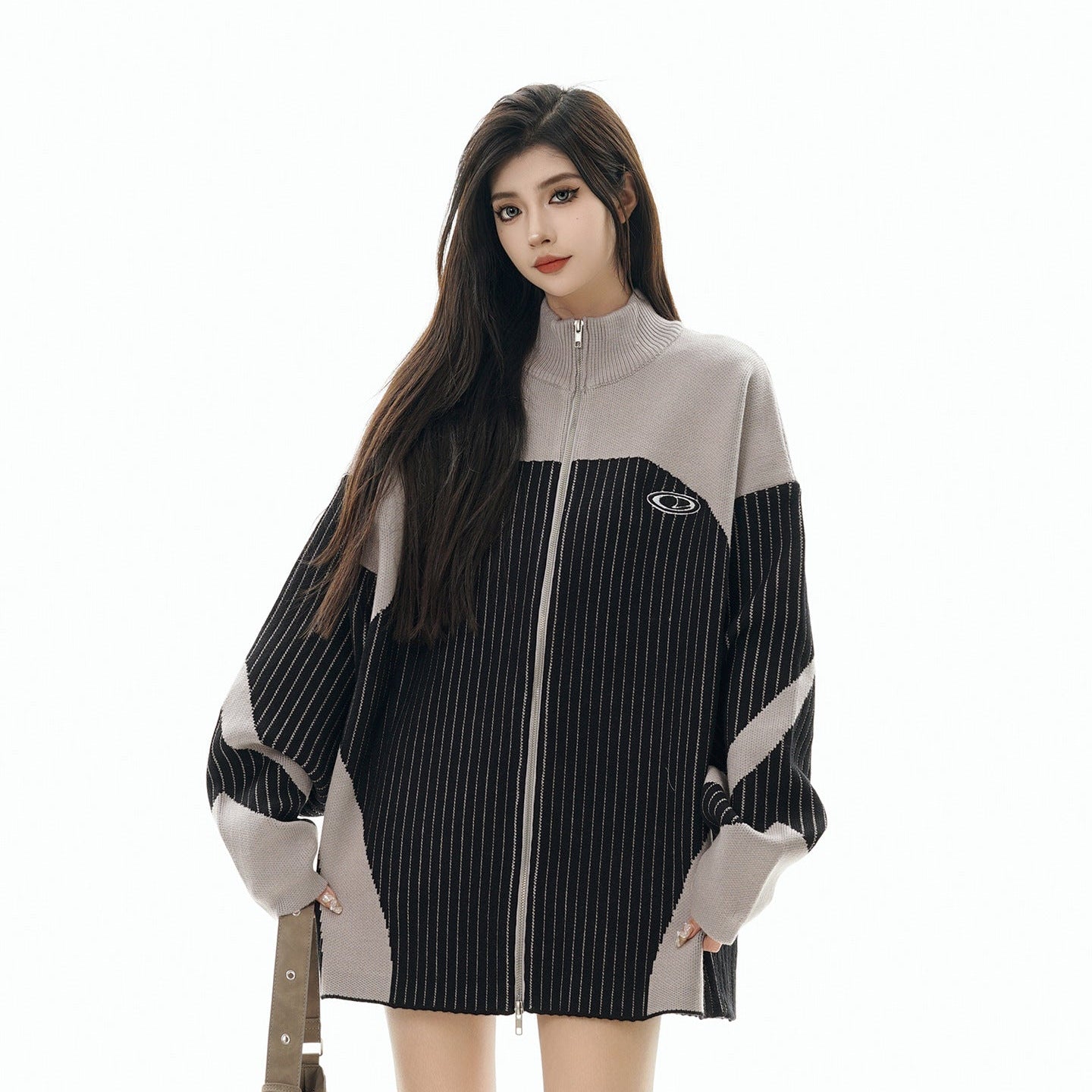 Double Zipper High-Neck Color Block Knit Cardigan WN21889