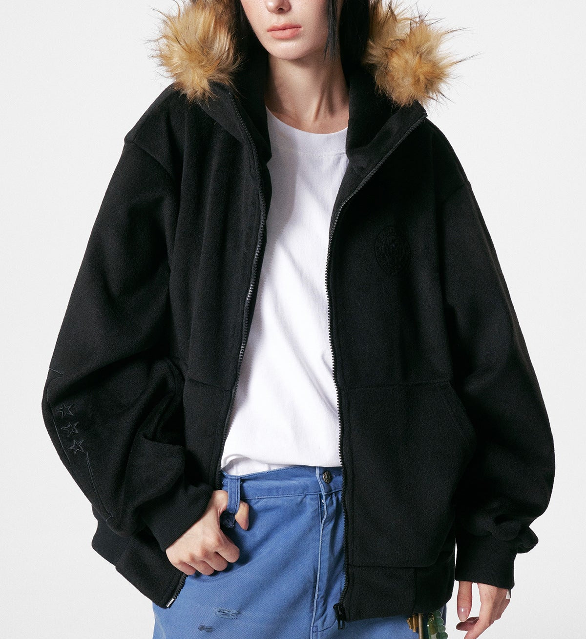 Fake Fur Collar Fleece Lining Zipper Hoodie WN21937