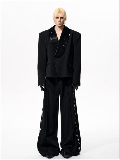 Pearl Splicing Shoulder-Pad PU Leather Jacket & Straight Pants Setup WN21966