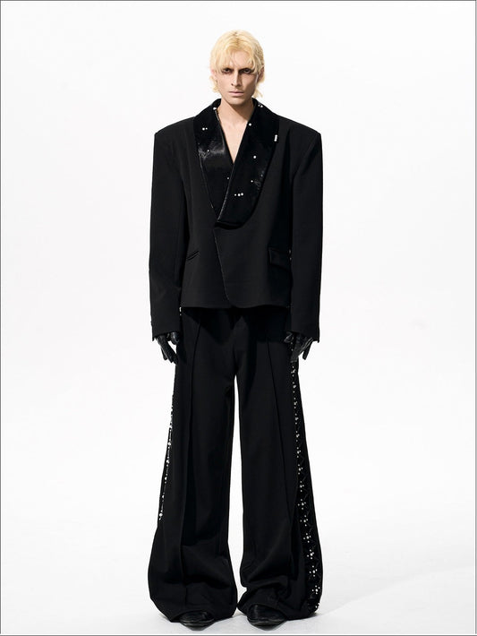 Pearl Splicing Shoulder-Pad PU Leather Jacket & Straight Pants Setup WN21966