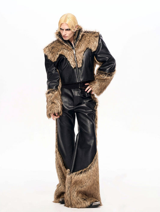 PU Leather Fake Fur Jacket & PU Leather Pants Setup WN22163