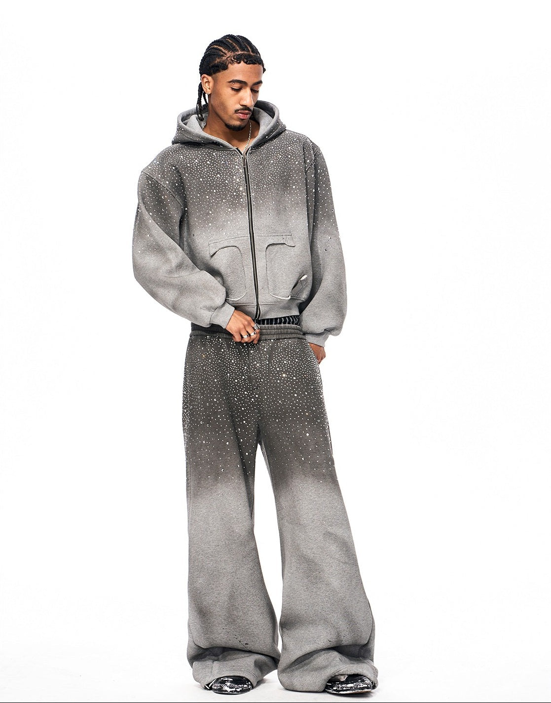 Rhinestone Fake Fur Lining Hoodie & Sweat Pants Setup WN22149