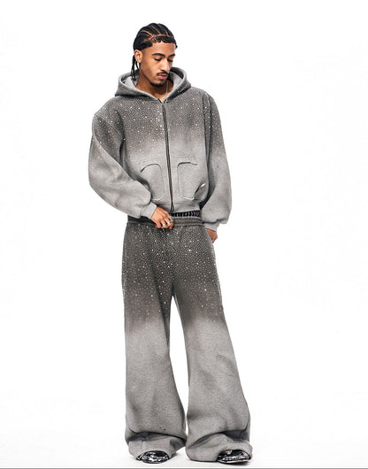 Rhinestone Fake Fur Lining Hoodie & Sweat Pants Setup WN22149