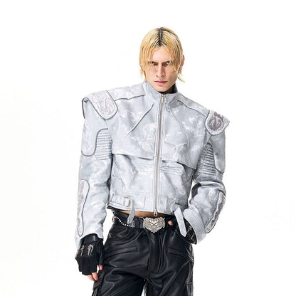 Embroidery Logo Stand Neck PU Leather Jacket WN22153